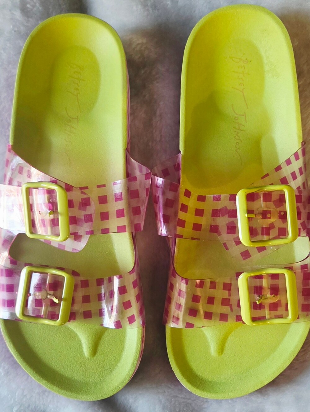Betsey Johnson Yellow and Pink Check Slide Sandals